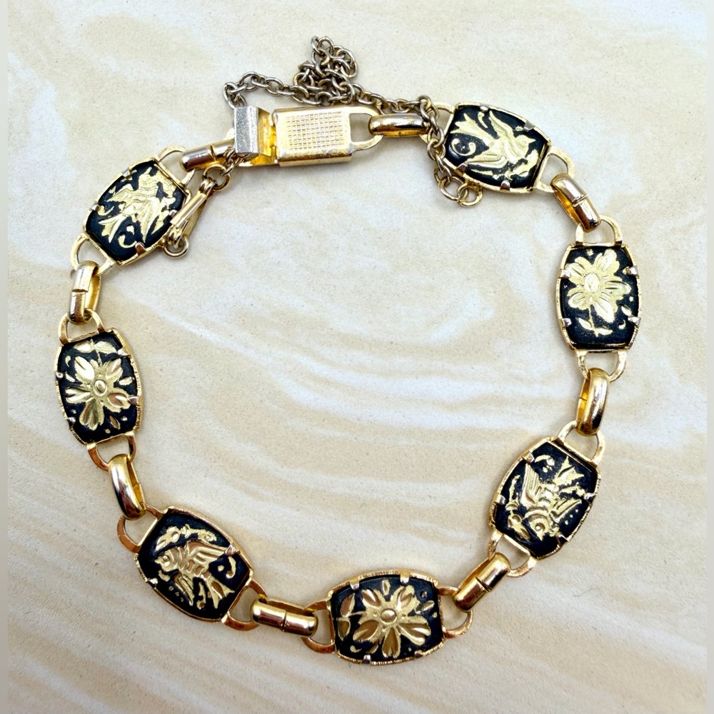 Vintage Toledo Damascene Gold Tone Link Bracelet, 6.25” with 3” Safety Chain
